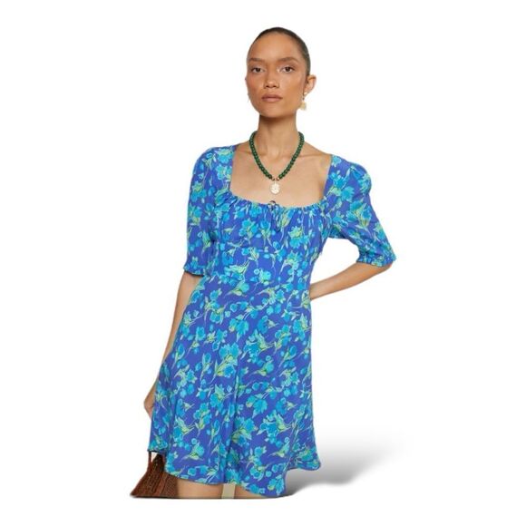 RIXO  Lilita Cobalt Blue Floral‎ Print Silk Mini Dress short Sleeve Sz 6 - Picture 1 of 13